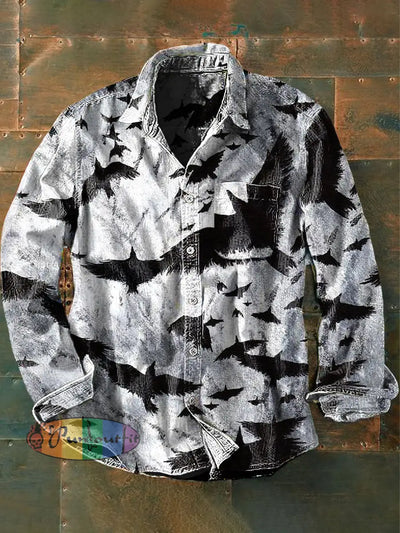 Mens Raven Print Casual Long Sleeve Shirt As Picture / S