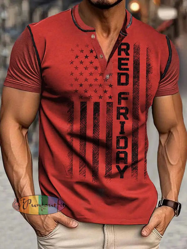 Men’s Red Friday Print Henley Neck Short Sleeve T-Shirt Red / S