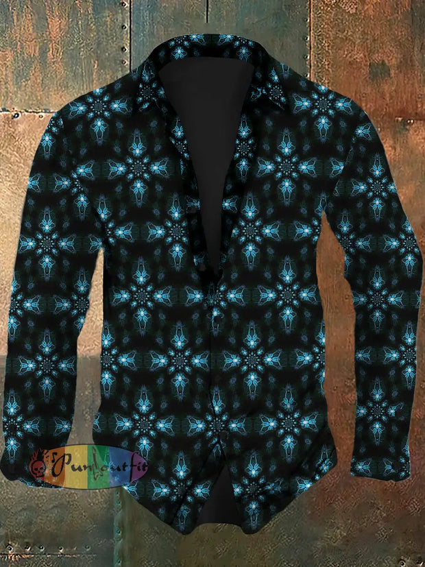 Men’s Retro Abstract Art Continuous Pattern Print Casual Fashion Lapel Long Sleeved Shirt Black / S