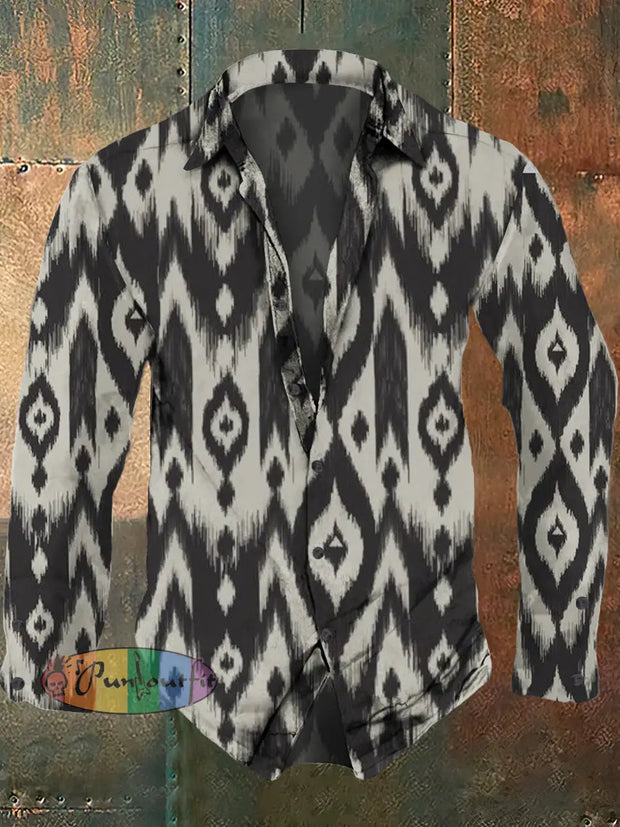 Men’s Retro Abstract Art Pattern Printed Casual Fashion Lapel Long Sleeved Shirt Gray / S