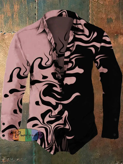 Men’s Retro Abstract Art Printed Casual Fashion Lapel Long Sleeved Shirt Black-Pink / S