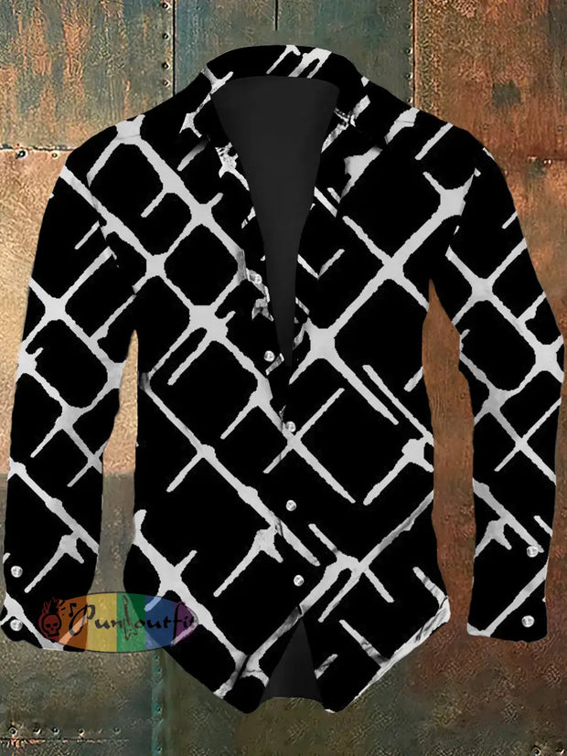 Men’s Retro Abstract Art Printed Casual Fashion Lapel Long Sleeved Shirt Black / S