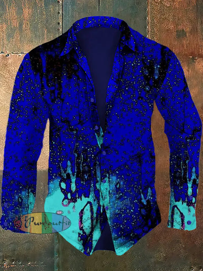 Men’s Retro Abstract Art Printed Casual Fashion Lapel Long Sleeved Shirt Blue / S