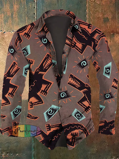 Men’s Retro Abstract Art Printed Casual Fashion Lapel Long Sleeved Shirt Brown / S