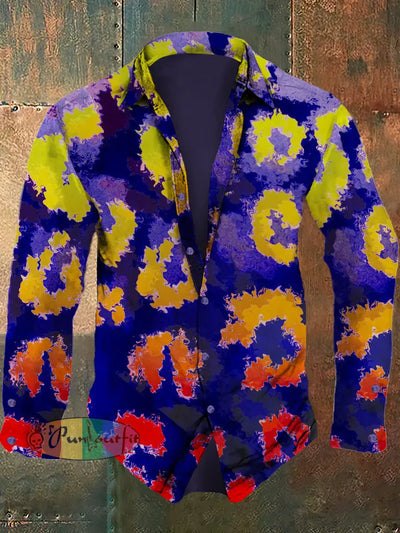 Men’s Retro Abstract Art Printed Casual Fashion Lapel Long Sleeved Shirt Purple / S