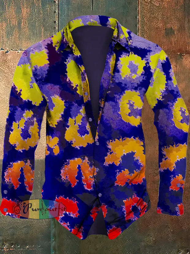 Men’s Retro Abstract Art Printed Casual Fashion Lapel Long Sleeved Shirt Purple / S