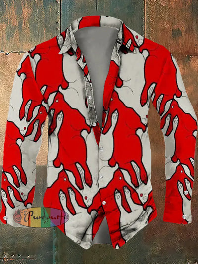 Men’s Retro Abstract Art Printed Casual Fashion Lapel Long Sleeved Shirt Red / S