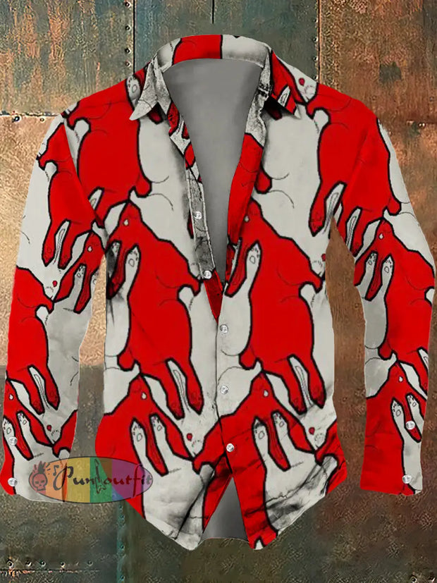 Men’s Retro Abstract Art Printed Casual Fashion Lapel Long Sleeved Shirt Red / S