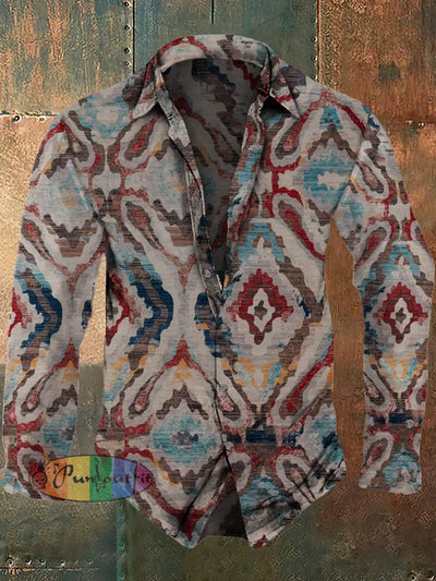 Men’s Retro Abstract Pattern Printed Casual Fashion Lapel Long Sleeved Shirt Brown / S