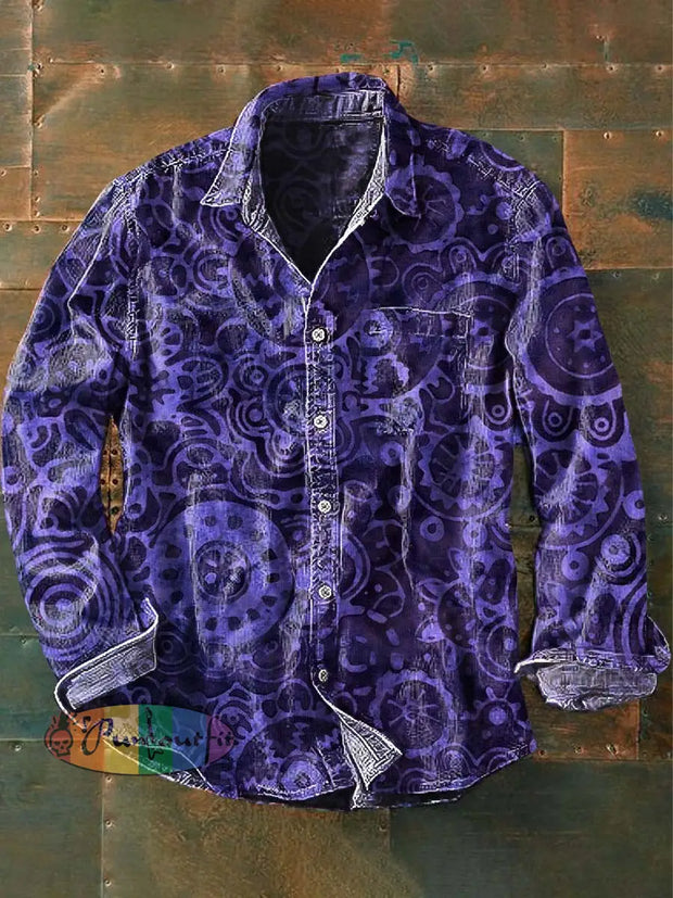 Men’s Retro Abstract Print Casual Lapel Long Sleeve Shirt As Picture / S