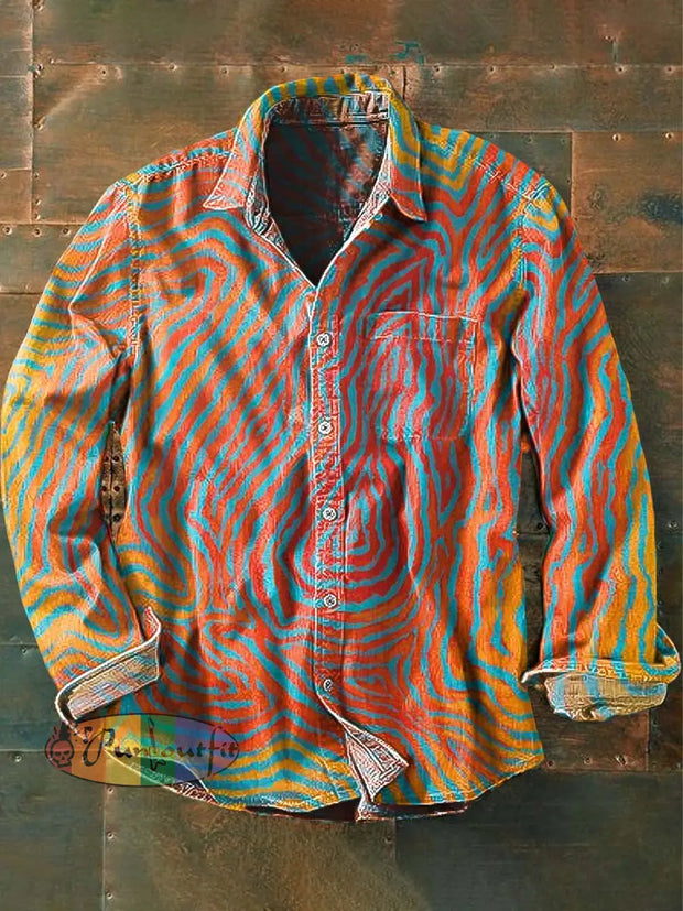 Men’s Retro Abstract Print Casual Long Sleeve Lapel Shirt As Picture / S