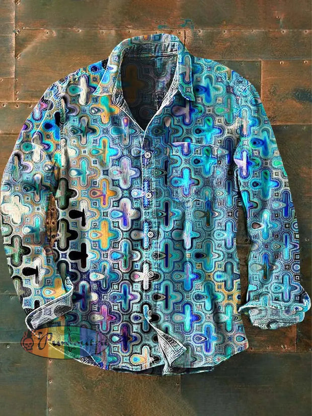 Men’s Retro Abstract Print Casual Long Sleeve Lapel Shirt As Picture / S