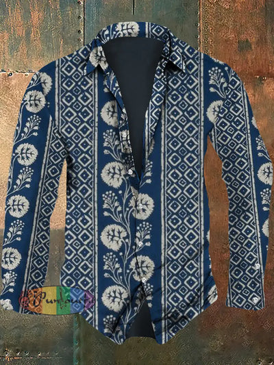 Men’s Retro Art Pattern Printed Casual Fashion Lapel Long Sleeved Shirt Long Sleeved Shirt / S