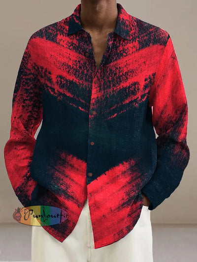 Men’s Retro Art Print Casual Fashion Lapel Shirt Long Sleeved Red / S