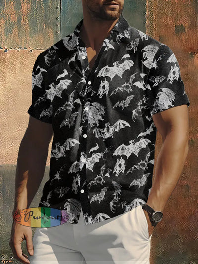 Men’s Retro Bats Print Punk Style Short Sleeve Shirt Black / S