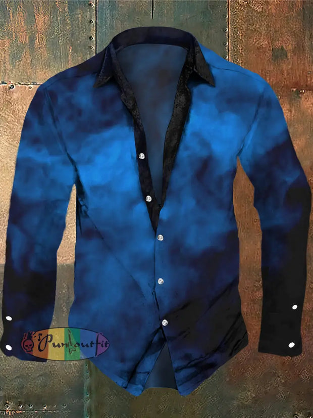 Men’s Retro Blue Fog Print Casual Shirt Long Sleeve / S