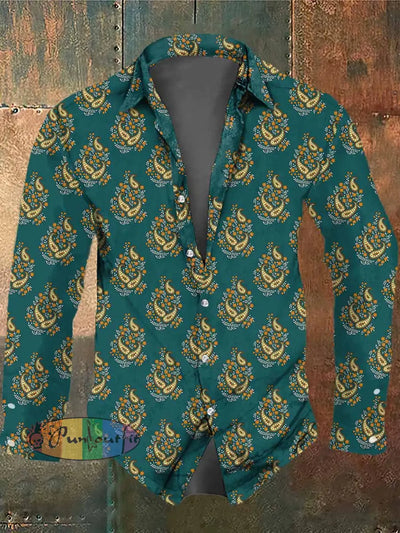 Men’s Retro Bohemian Style Cashew Print Casual Vintage Shirt Green / S