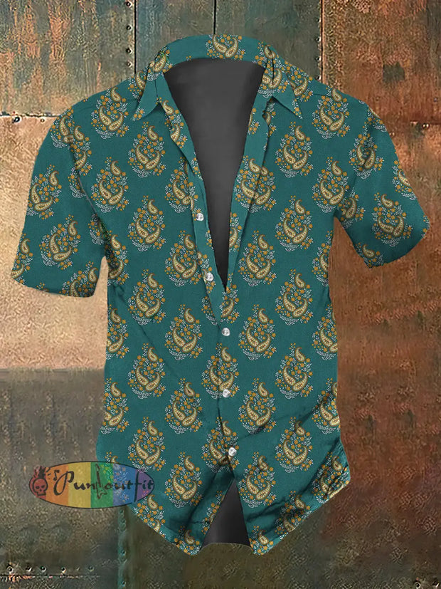 Men’s Retro Bohemian Style Cashew Print Shirt Green / S