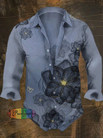 Men’s Retro Butterfly Flowers Print Casual Shirt Long Sleeve Light Blue / S