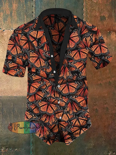 Men’s Retro Butterfly Print Punk Style Short Sleeve Shirt Colorful / S