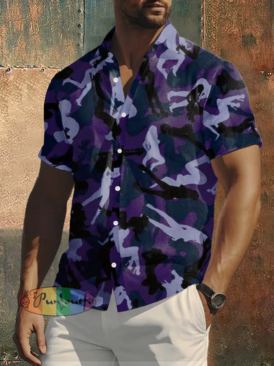 Men’s Retro Camouflage Abstract Print Punk Style Short Sleeve Shirt Purple / S