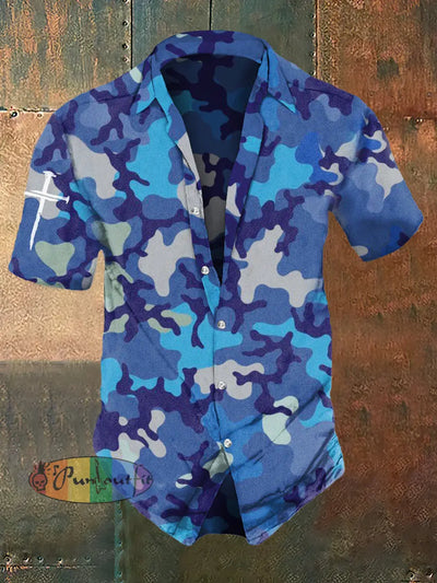 Men’s Retro Camouflage Print Punk Style Short Sleeve Shirt Blue / S