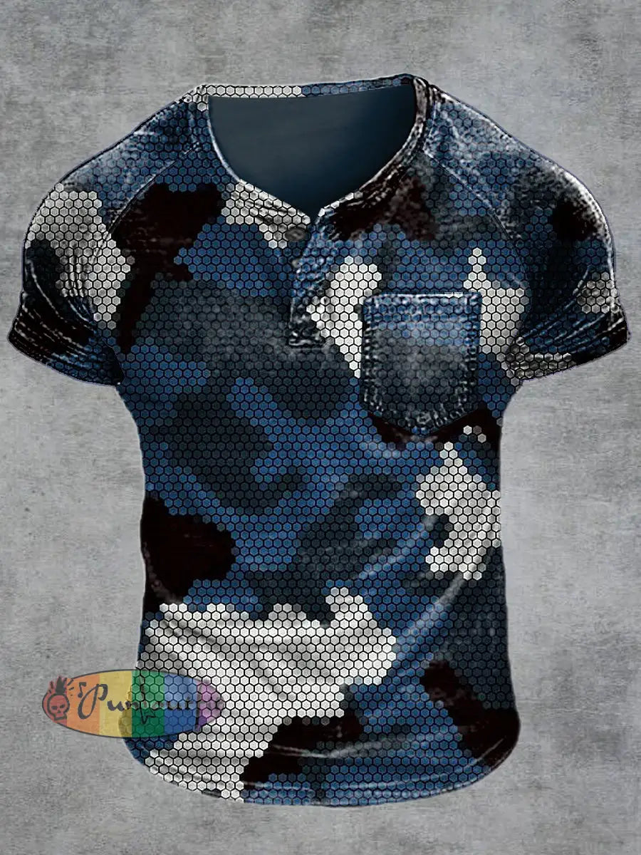 Men’s Retro Camouflage Print Raglan Short Sleeve Pocket T-Shirt Navy Blue / S