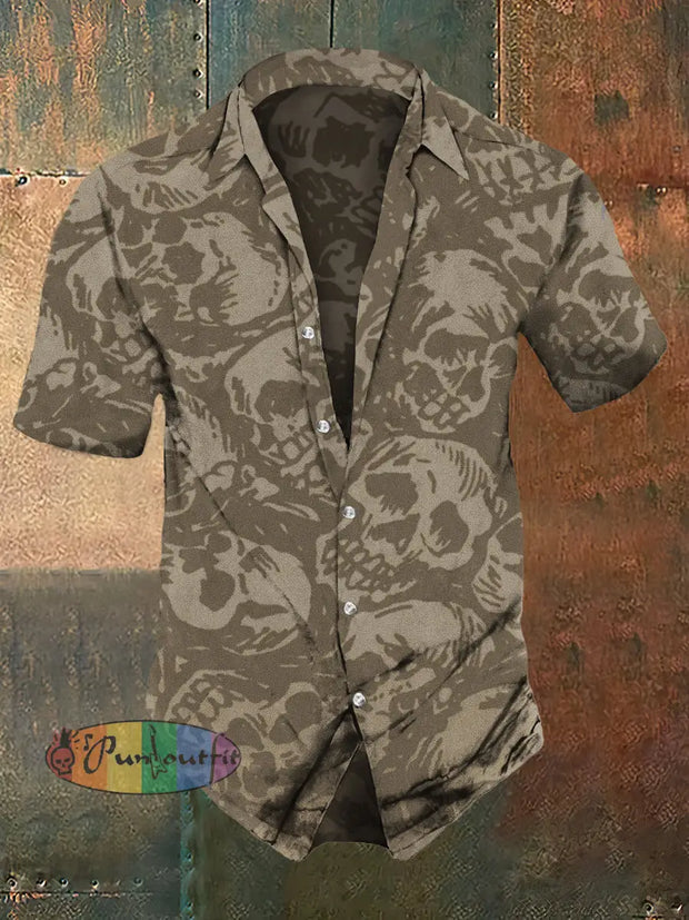 Men’s Retro Camouflage Skull Short Sleeve Shirt Colorful / S