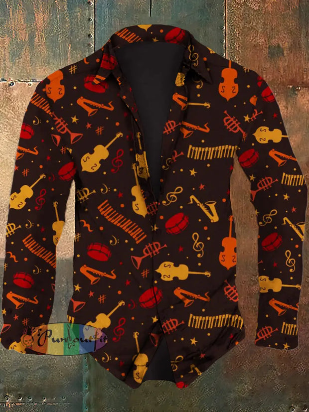 Men’s Retro Cartoon Musical Instrument Pattern Printed Casual And Fashionable Lapel Long Sleeved