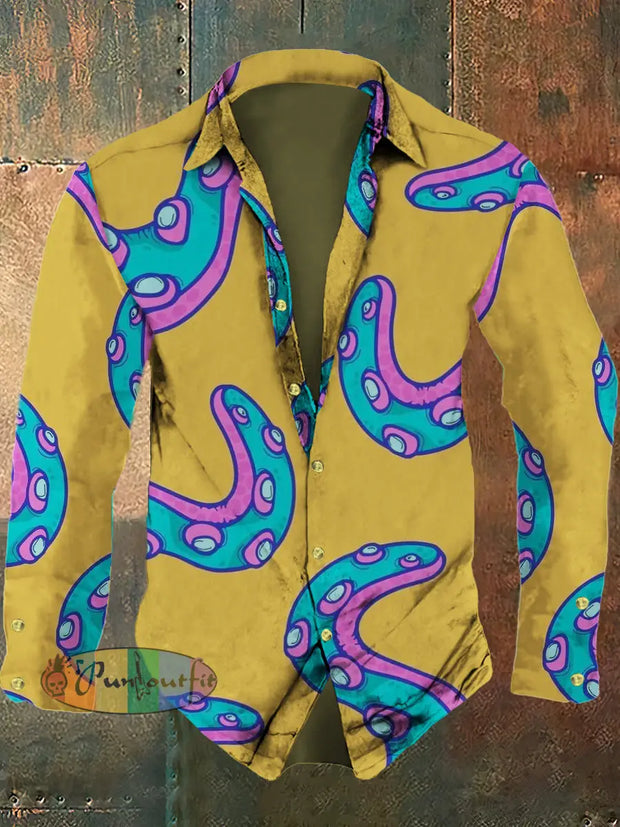 Men’s Retro Cartoon Octopus Leg Print Casual Fashion Lapel Long Sleeved Shirt Yellow / S