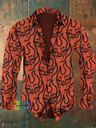 Men’s Retro Cartoon Pattern Printed Casual Fashion Lapel Long Sleeved Shirt Orange / S