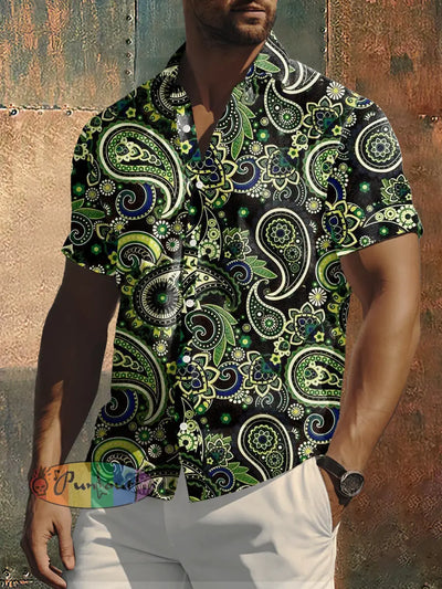 Men’s Retro Cashew Flower Print Hippie Style Short Sleeve Shirt Green / S