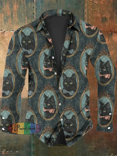 Men’s Retro Cat Print Casual Long Sleeve Shirt As Picture / S