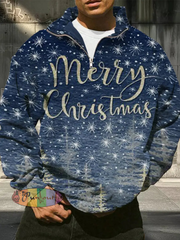 Men’s Retro Christmas Pattern Printed Casual Fashion Long Sleeve Loose Half Zipper Stand Up