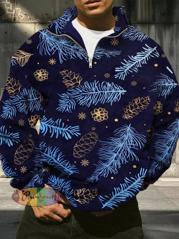 Men’s Retro Christmas Pattern Printed Casual Fashion Loose Long Sleeve Half Zipper Stand Up