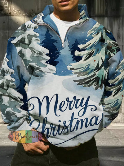 Men’s Retro Christmas Pattern Printed Casual Fashion Loose Long Sleeve Half Zipper Stand Up