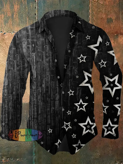 Men’s Retro Christmas Print Casual Fashion Lapel Long Sleeved Shirt Long Sleeved Shirt / S