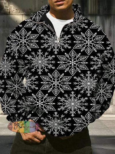 Men’s Retro Christmas Snowflake Design Pattern Printed Casual And Fashionable Loose Long Sleeved