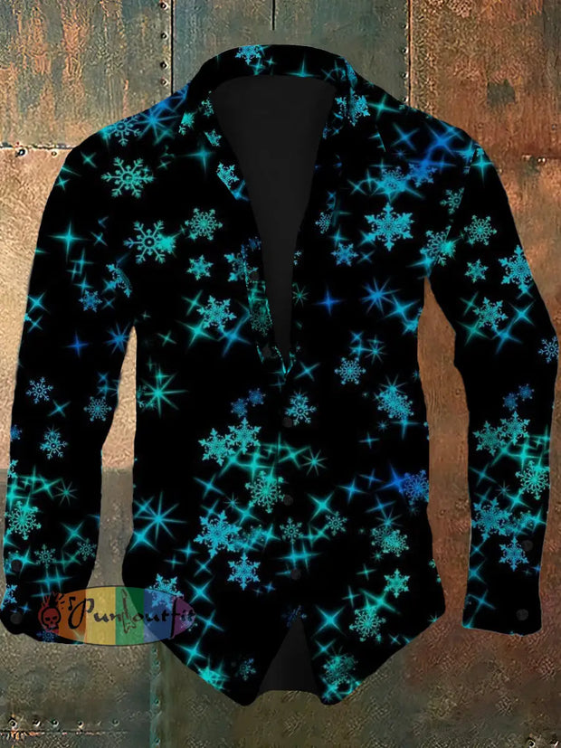 Men’s Retro Christmas Snowflake Pattern Design Printed Casual And Fashionable Lapel Long Sleeved