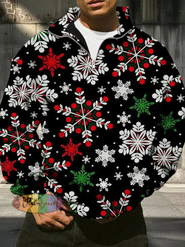 Men’s Retro Christmas Snowflake Print Casual Fashion Long Sleeved Loose Half Zip Stand Up Collar