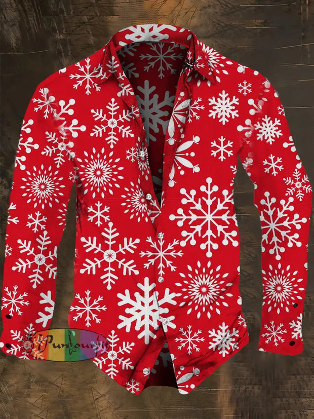 Men’s Retro Christmas Snowflake Print Long Sleeve Shirt Red / S