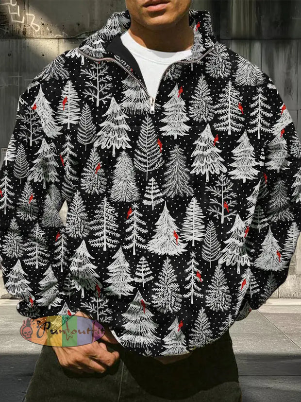 Men’s Retro Christmas Tree Pattern Printed Casual And Fashionable Loose Long Sleeved Half Zip