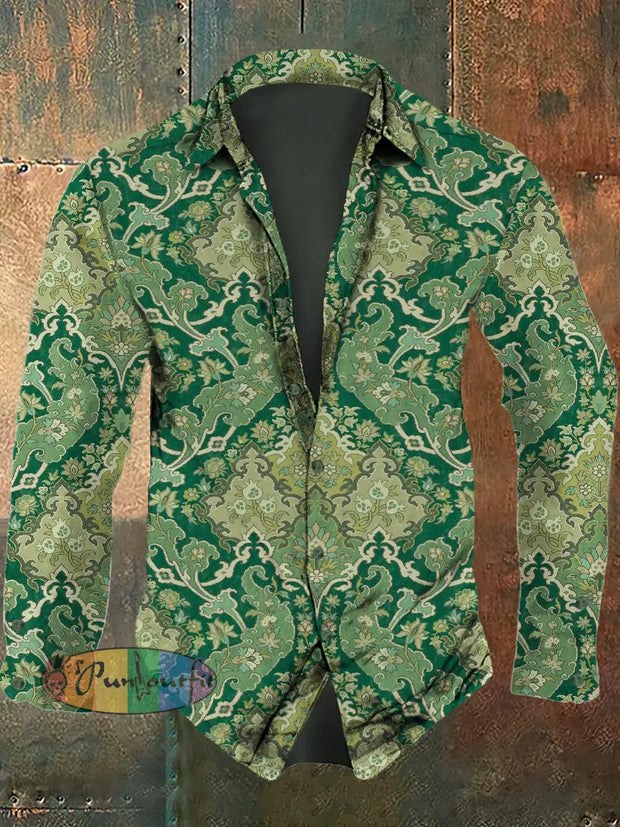 Men’s Retro Continuous Pattern Printed Casual Fashion Lapel Long Sleeved Shirt Green / S