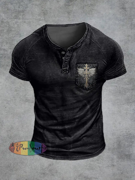 Men’s Retro Cross Print Raglan Short Sleeve Pocket T-Shirt Black / S