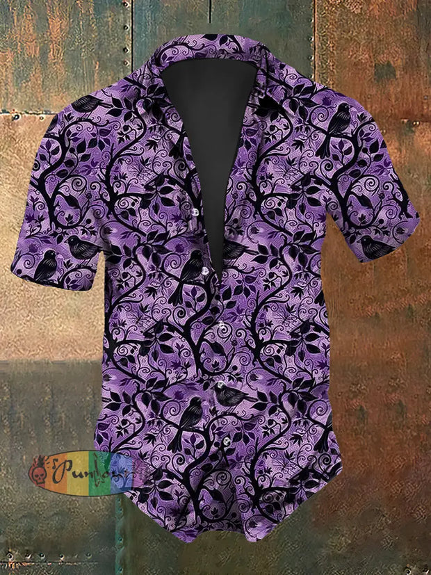 Men’s Retro Dark Gothic Raven Print Short-Sleeve Shirt Purple / S