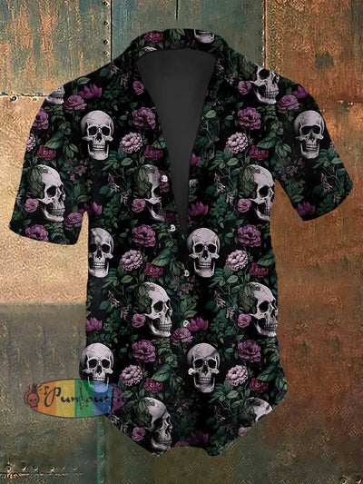 Men’s Retro Dark Gothic Style Skull Rose Print Short-Sleeve Shirt Black / S