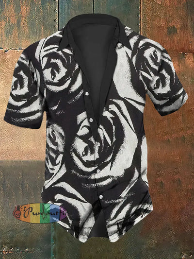 Men’s Retro Dark Roses Casual Short Sleeve Shirt Black / S