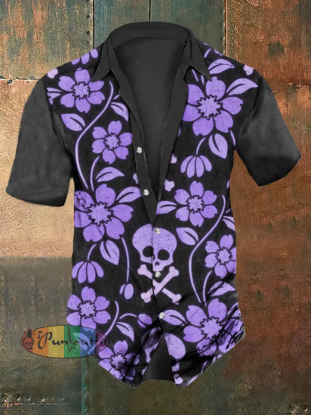 Men’s Retro Dark Skull And Flowers Casual Short Sleeve Shirt Colorful / S