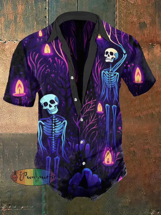 Men’s Retro Dark Skull Candle Casual Short Sleeve Shirt Colorful / S