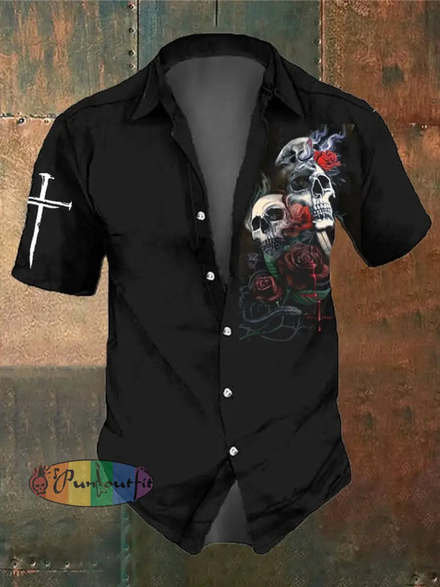 Men’s Retro Dark Skull Casual Pocket Short Sleeve Shirt As Shown / S Shirts